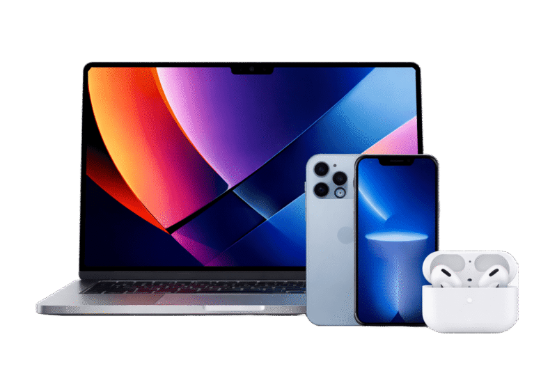 silver macbook blue iphone and white airpods on display